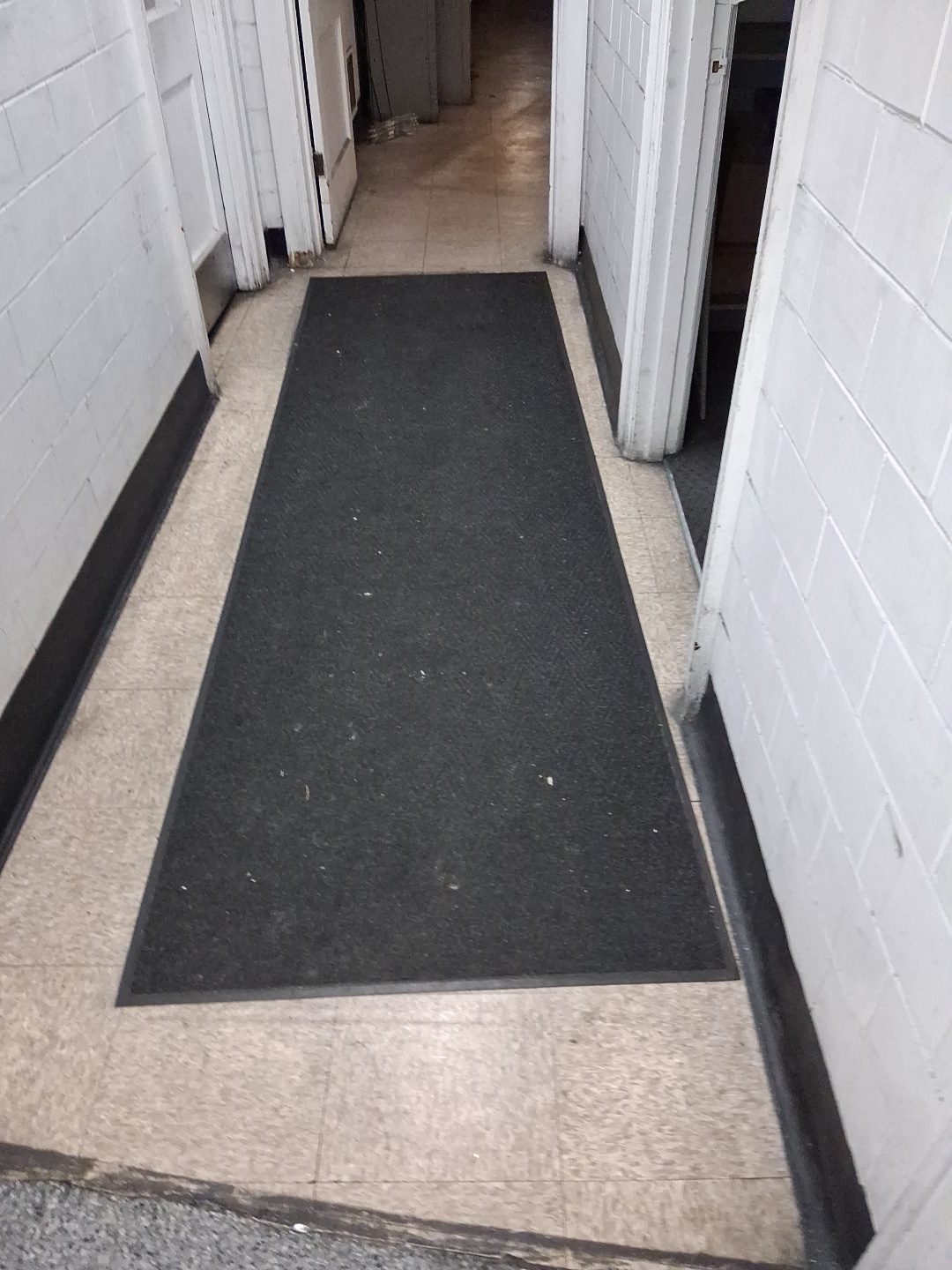 Entry mat and vinyl corridor floor in a commercial building after cleaning